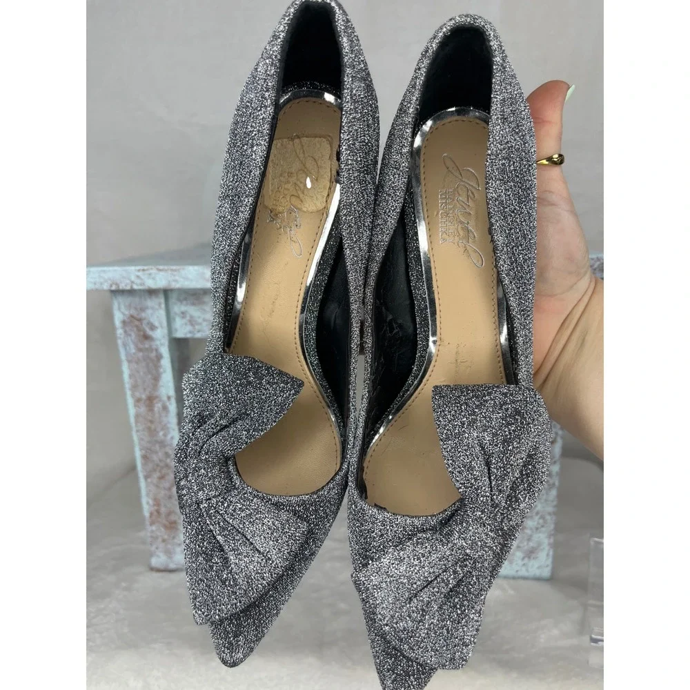Jewel Badgley‎ Mischka Pumps Heels Silver Glitter Rhinestone Bow Size 5.5